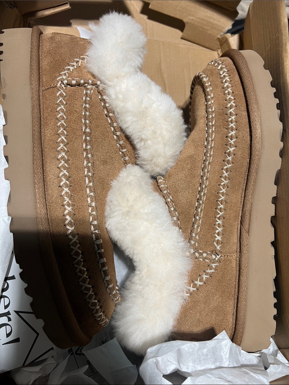 UGG Chestnut Suede Shearling Moccasin Slippers with Cream Trim mini Uggs
